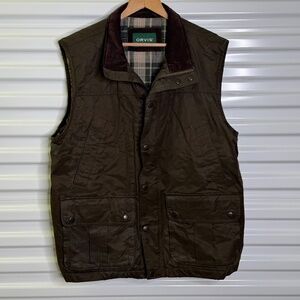 Orvis Mens L Wax Cloth Plaid Lining Two-way zipper Corduroy Collar Utility Vest
